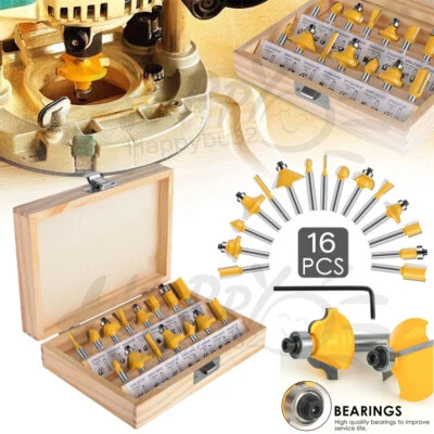 16Pcs 1/4" Tungsten Carbide Tipped TCT Router Bits Shank Wood Sealed Bearing Set - Image 1 of 4