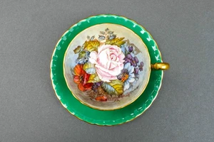 Aynsley J.A. Bailey Signed Vintage Pink Cabbage Rose Green Gold Tea Cup & Saucer - Picture 1 of 10