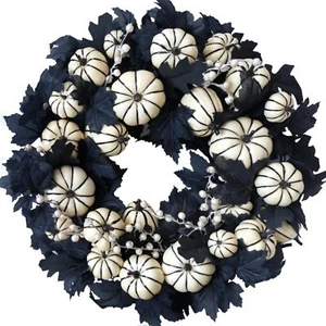 22inch Halloween Wreath Black Maple Leaf Wreath White Pumpkin Wreath Holiday ... - Picture 1 of 7