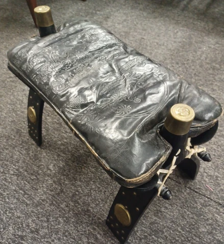 Vintage Egyptian Camel Saddle Leather Cushion Foot Stool Ottoman Wood Cover