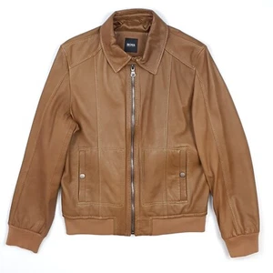 Hugo Boss Leather Jacket 38 48 Small Men Soft Lamb Leather Bomber Brown BNWOT - Picture 1 of 23