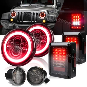 Red Angel Eyes 7" LED Headlights Turn Tail Lights Combo For Jeep Wrangler 07-17 - Picture 1 of 20