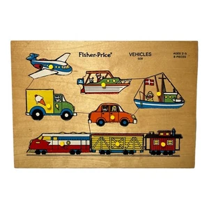 Fisher Price Vehicles Wooden Puzzle #508 Train Boat Car Ice Cream Truck Vintage - Picture 1 of 16