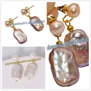 Aretes colgantes de perlas rectangulares naturales blancos/rosa púrpura 15x20 mm AAA - Imagen 1 de 10
