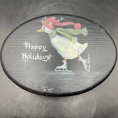VTG Hand painted Wall Plaque “Happy Holidays” Duck Ice Skating Signed - Image 1 of 4