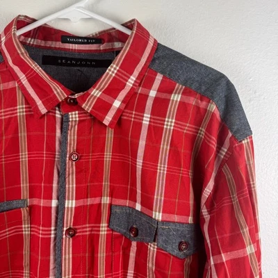 全新带标签 SEAN JOHN 男式长袖翻盖袖口量身定制格子衬衫 - 2XL — 第 1/4 张图片