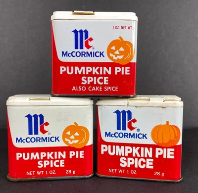 3 Vintage McCormick Pumpkin Pie Spice Tins Jack O'Lantern Designs - Image 1 of 4