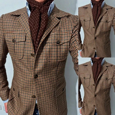 Chaqueta de safari vintage de pata de gallo para hombre British Stule informal abrigo de ocio blazer Foto 1 de 4