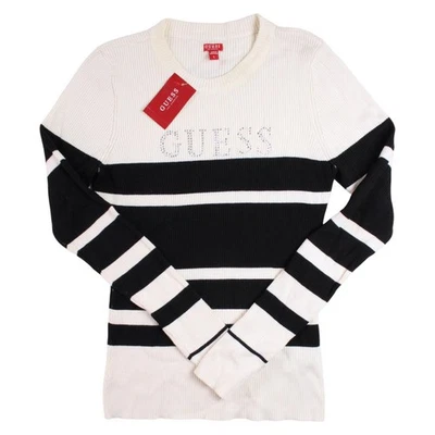 Suéter Guess Mujer L Dove Blanco Negro Multi Costilla Lunar LS Rayas Logo $65 Foto 1 de 4