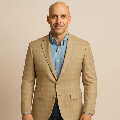 Hickey Freeman 44R Windowpane Plaid Beige Sport Coat Full Canvas Wool + Silk - Image 1 of 4