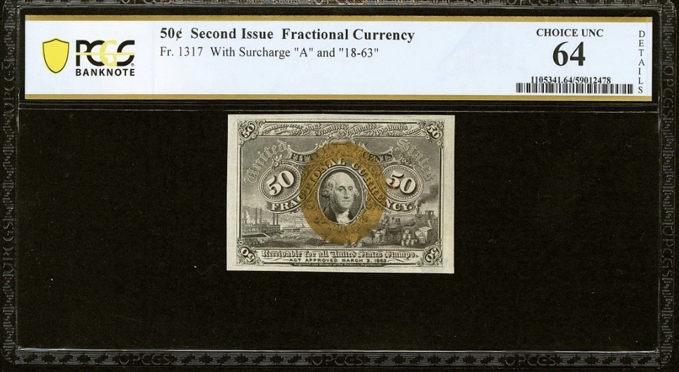 FR# 1317 Fractional 1863 Union Currency 50c, Civil War Second 2nd Issue, PCGS 64 - Image 1 of 4