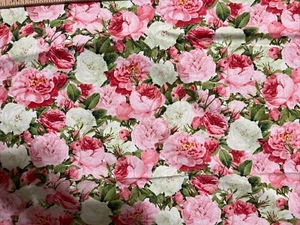 Chelsea Pink Roses & Green Floral Cotton Fabric 1 2/3 Yards Candace Allen - Picture 1 of 4