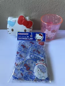 Lot of 3 Hello Kitty Sanrio Plastic Cup, Shower Cap, Soap Case Gift Daiso US - Picture 1 of 6