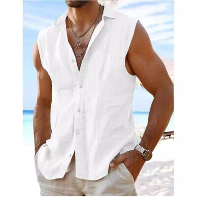Hawaiian Solid Color Sleeveless Cotton Linen Shirt Men's Lapel Vest Beach Shirts - Image 1 of 4