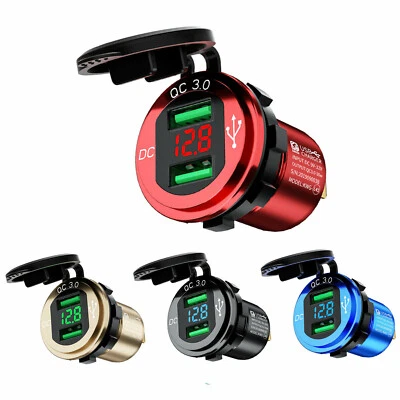Dual QC 3.0 USB Fast Charger Socket Outlet For Car w/ LED Digital Voltmeter - Image 1 of 4