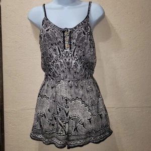 Angie Bohemian Spaghettiträger Taille Define Strampler schwarz weiß Fransen Damen M - Bild 1 von 9