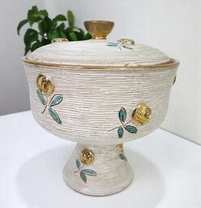 MCM Candy Dish Gold Rose Red ware Pottery Fratelli Fanciullacci Compote Bowl FF - Picture 1 of 11