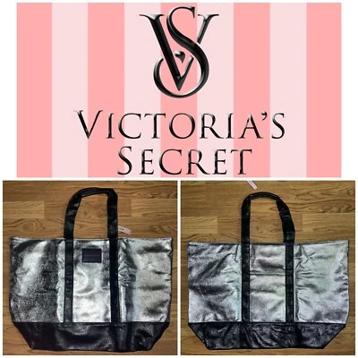 Victoria's Secret ограниченного тиража сумка с короткими ручками металлический блестящий Серебряный черный розовый новый с Ярлыками - Изображение 1 из 4