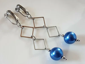 OHRCLIPS CLIPS EDELSTAHL 12 mm BLAUE GLASWACHSPERLEN - Bild 1 von 3