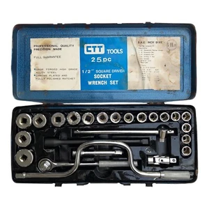VINTAGE SOCKET WRENCH SET - 25 Piece Tool Kit Square Driver 1/2” Ratchet Chrome - Picture 1 of 8