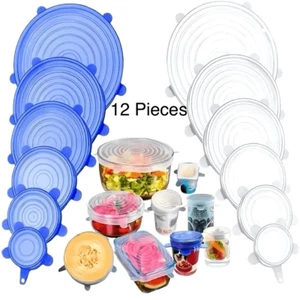 NWT 12 Piece Great Silicone Stretch Clear Universal Container Bowl Reusable Lids - Picture 1 of 12