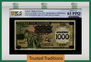 TT PK 111a 1939 GREECE 1000 DRACHMAI ON 100 DRACHMAI PCGS 63 PPQ CHOICE UNC - Picture 1 of 2