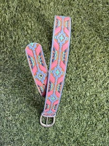 VTG Nuovo Western Hand Painted Pink And Blue Tooled Leather Belt 80s Cowgirl  L - Picture 1 of 13