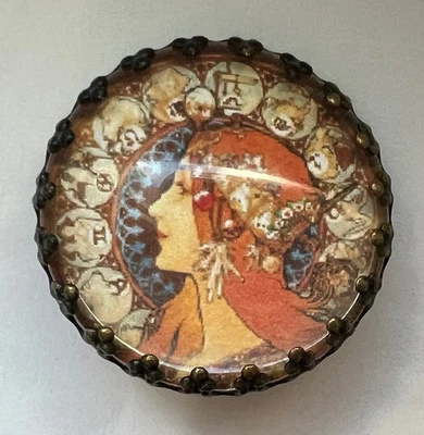 Modern handmade glass dome button set in metal ~Alphonse Mucha~ 1" ~D5 - Image 1 of 4