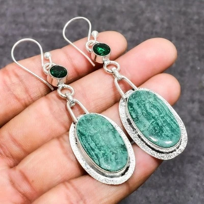 Malachite, Diopside Gemstone 925 Sterling Silver Jewelry Earring 2.84" n388 - Image 1 of 3
