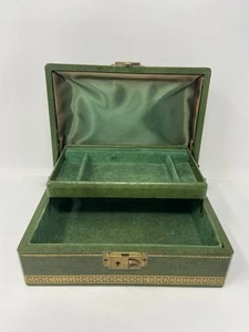 Vintage Trinket Jewelry Box Green/Gold Green Velvet Two Tiers 8.75”x6”x3” - Picture 1 of 9