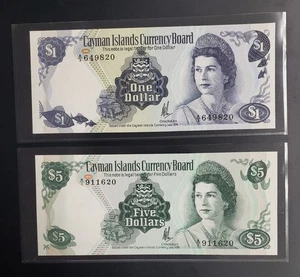 1974 Cayman Islands $1, $5, Two Note Set P-5a, P-6a, Choice Uncirculated - Picture 1 of 2