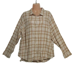 Camisa clásica de franela con botones beige beige talla XXL azul marino antigua para mujer - Imagen 1 de 12