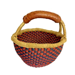 BOLGA Ghana afrikanischer handgewebter Marktkorb Leder umwickelter Griff natur klein - Bild 1 von 7
