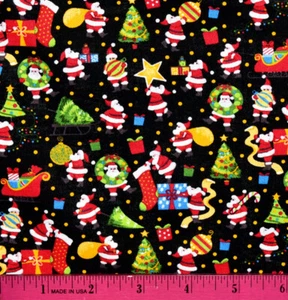 Christmas Santa Claus Fabric  HALF YARD - 100% Cotton Quilting Holiday Black Red - Picture 1 of 1