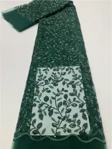 Tela de encaje de red de lentejuelas francesas verdes de alta calidad bordado 3D africano tul - Imagen 1 de 44