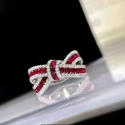 SILVER PLATED FIRE RUBY ZIRCON BOW DESIGN FASHION RING SIZE 6 - Image 1 of 4