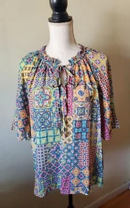 Counterparts Womens L Peasant Top Short Sleeve Keyhole-Neck Pink Patchwork Combo - Picture 1 of 16