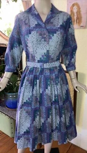 Vintage 50s 60s kay windsor Purple Quilt dress Belt Pinup Rockabilly VLV cotton - Picture 1 of 12