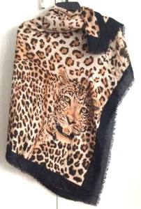 NWOT Black Natural Tiger Print Shawl Scarf Wrap Viscous Square 47 Inch - Picture 1 of 10