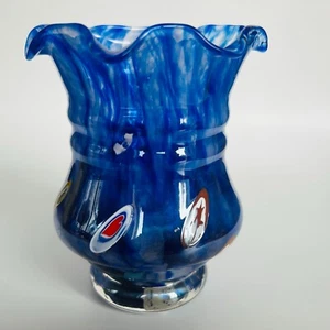 Art Glass Millefiori Hand Blown Cobalt Blue Scalloped Vase 5” - Picture 1 of 7