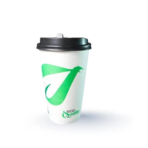 16 oz. Eco-Friendly Disposable White Paper Coffee Cups w/ Black Dome Lids - Picture 1 of 6