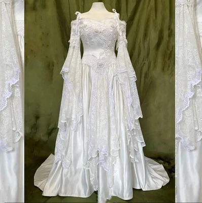 Vintage Medieval Wedding Dresses Customisation White Strapless Fairy Long Sleeve - Image 1 of 4