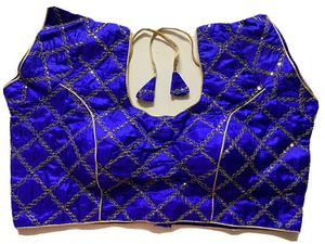 NEW Readymade Designer Sari Blouse Blue brocade NECK DORI large XL size 44" USA - Picture 1 of 10