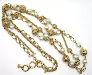 Talbots Signed Faux Pearl 2 strand Necklace Gold Tone Open ornate beads toggle - Picture 1 of 6