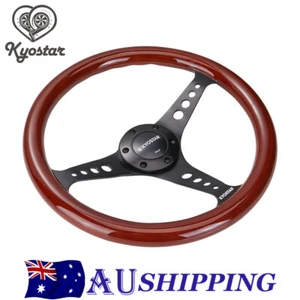 Universal 35cm Classic Wooden Steering Wheel Wood Grain Black Spoke+Horn KYOSTAR - Picture 1 of 7