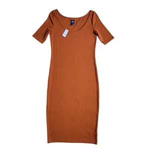 Gap XS Petite Women Knit Stretch Cotton Modal Rust Brown Short Sleeve Dress NWT - Picture 1 of 16