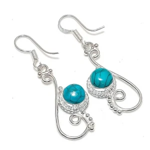 Blue Turquoise Gemstone Handmade 925 Sterling Silver Jewelry Earring Sz 1.6" - Picture 1 of 1