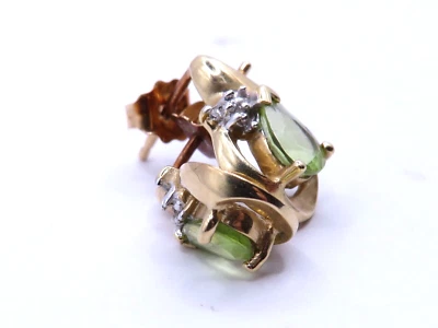 LOVELY PAIR 10k YELLOW GOLD EARRINGS w 2 OVAL PERIDOTS & 2 SINGLE CUT DIAMONDS * - Image 1 of 4
