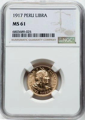 Peru - 1917 Libra - NGC MS61 - NEARLY A QUARTER OUNCE OF GOLD! NICE SURFACES! - Image 1 of 2
