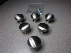 Lot of 6, Solid Brass Satin Nickel Pull Drawer Cabinet Knobs 1.25" Dia w/ Screws - Picture 1 of 7